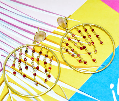 Rose Quartz & Rhodochrosite Gold Hoop Earrings