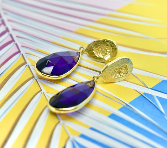 Purple Amethyst & Gold Detail Drop Earrings