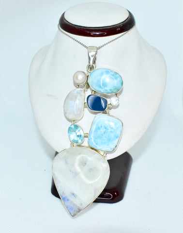 Larimar, Moonstone, Opal & Blue Topaz Pendant