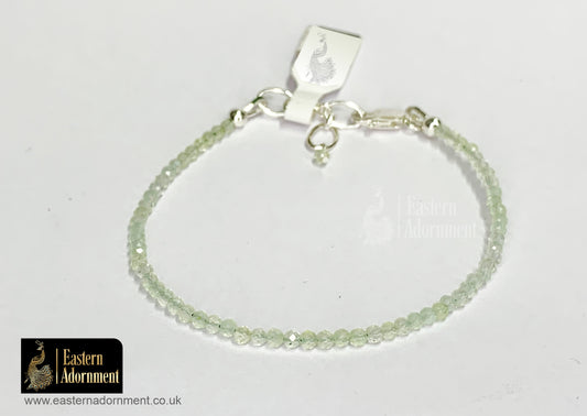 Prehnite Micro Cut Bead Bracelet with Silver Charm Clasp