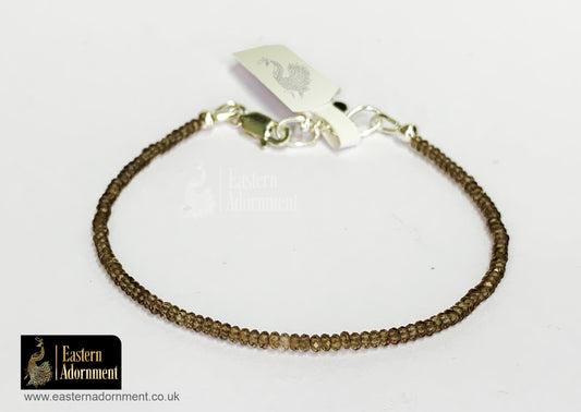 Smoky Quartz Micro Cut Bead Bracelet with Silver Charm Clasp