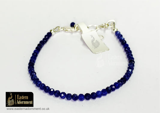 Lapis Lazuli Micro Cut Bead Bracelet with Silver Charm Clasp