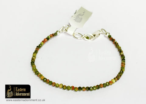Unakite Jasper Micro Cut Bead Bracelet with Silver Charm Clasp