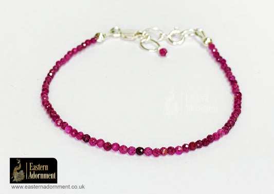 Ruby Micro Cut Bead Bracelet with Silver Charm Clasp
