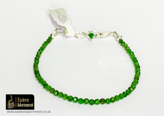 Green Chrome Diopside Micro Cut Bead Bracelet with Silver Charm Clasp