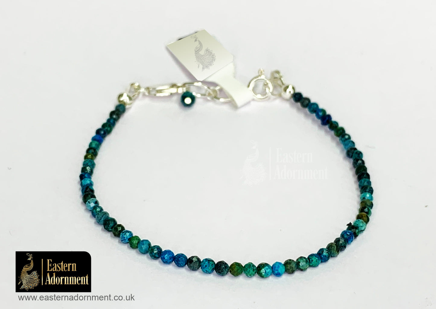 Chrysocolla Micro Cut Bead Bracelet with Silver Charm Clasp