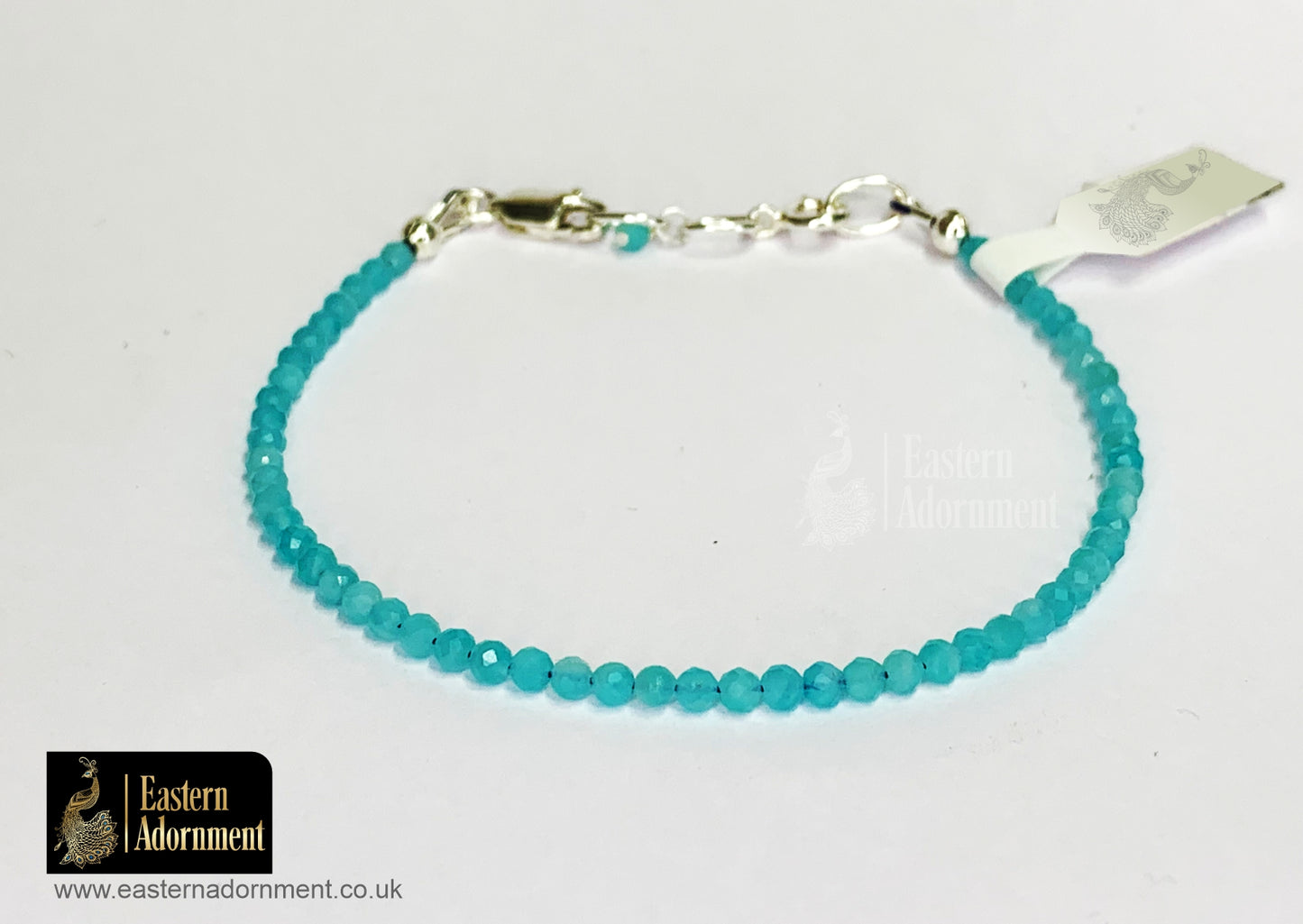 Aqua Chalcedony Micro Cut Bead Bracelet with Silver Charm Clasp