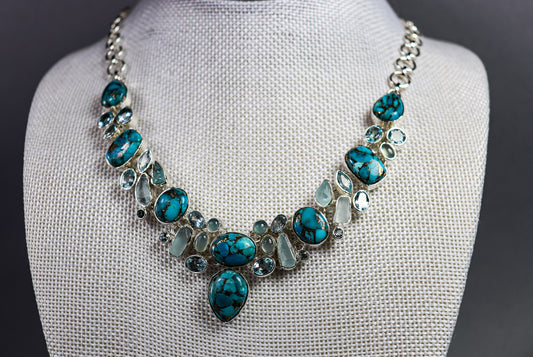 Copper Turquoise, Topaz, Aquamarine and Chalcedony Statement Necklace