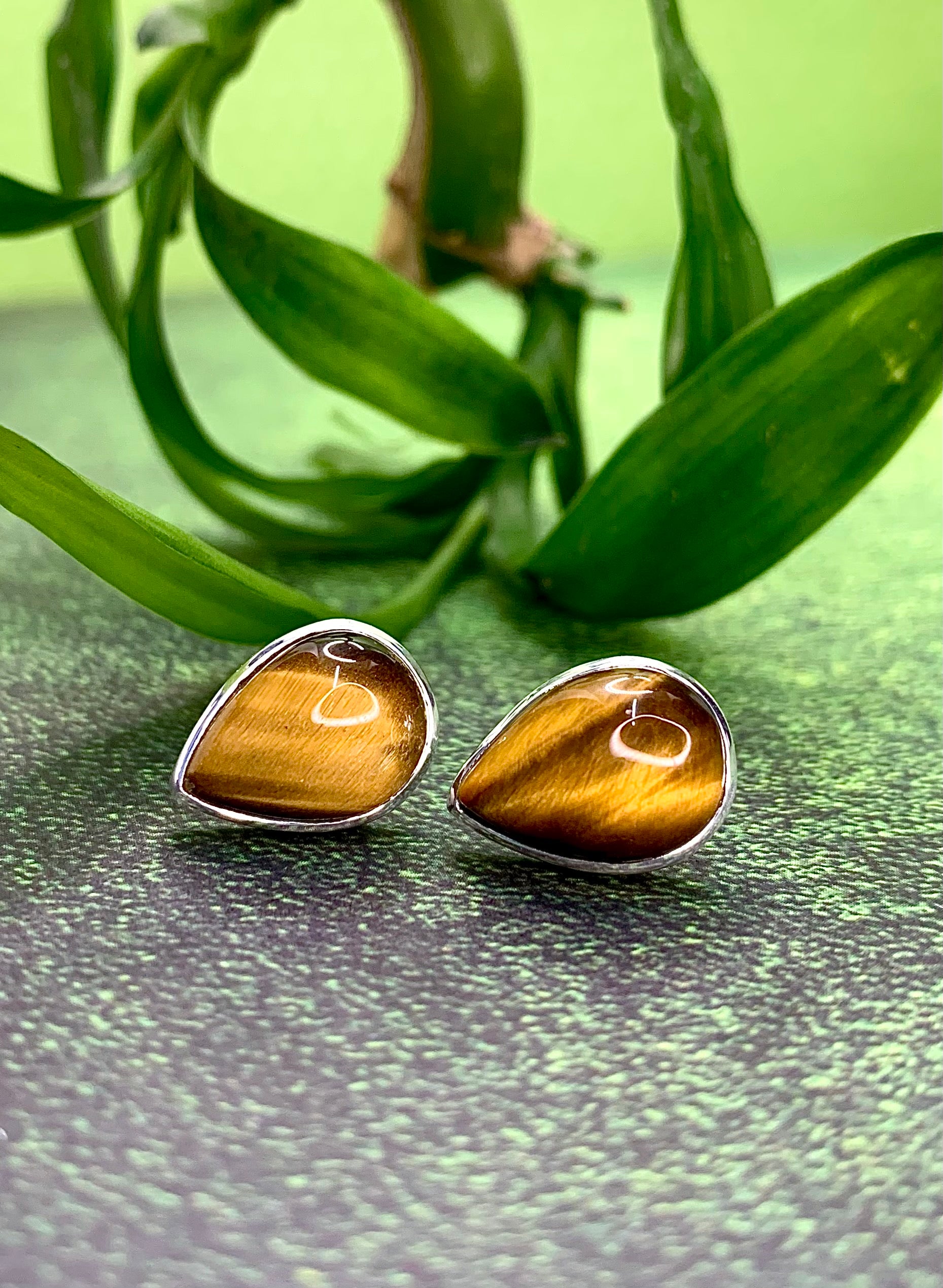 Golden Tiger’s Eye teardrop stud earrings set in 925 silver