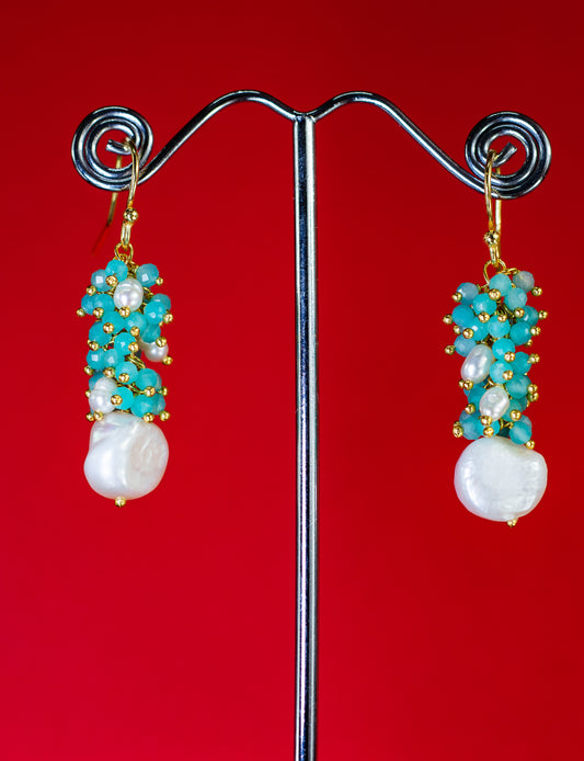 Aqua Chalcedony and Fresh Water Pearl Cluster Earrings