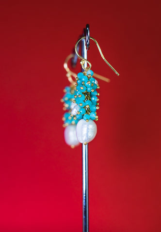 Aqua Chalcedony and Fresh Water Pearl Cluster Earrings