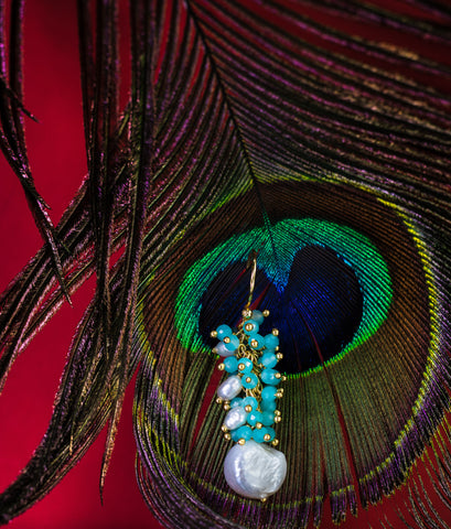 Aqua Chalcedony and Fresh Water Pearl Cluster Earrings