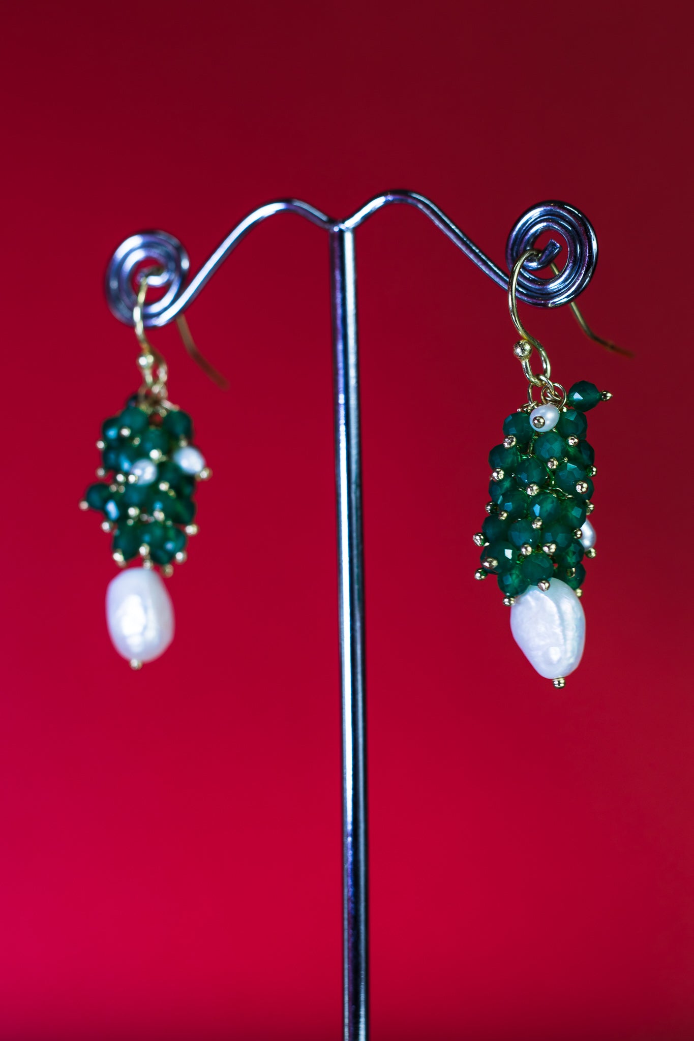 Green Onyx and Fresh Water Pearl Cluster Earrings