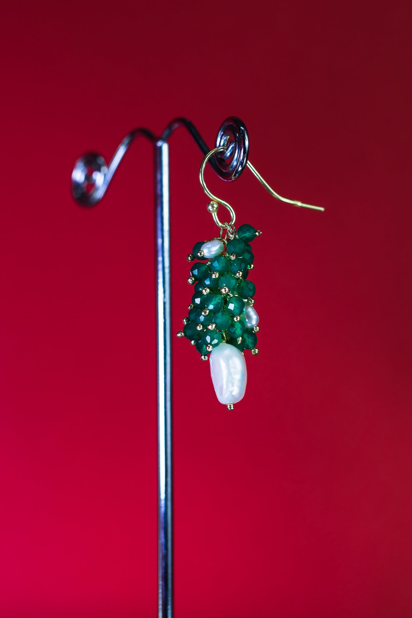 Green Onyx and Fresh Water Pearl Cluster Earrings