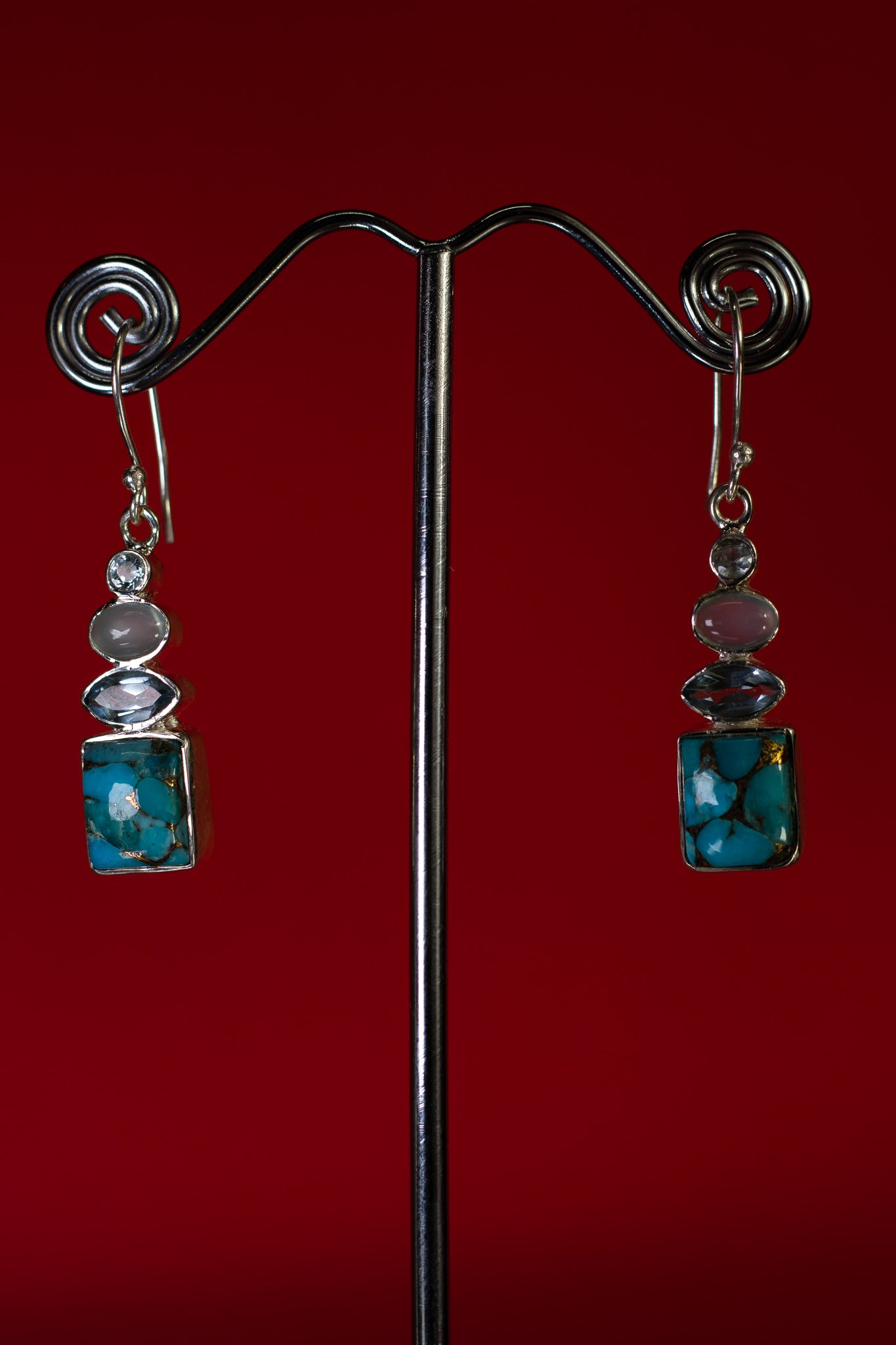 Copper Turquoise, Aquamarine, Topaz and Chalcedony Statement Earrings