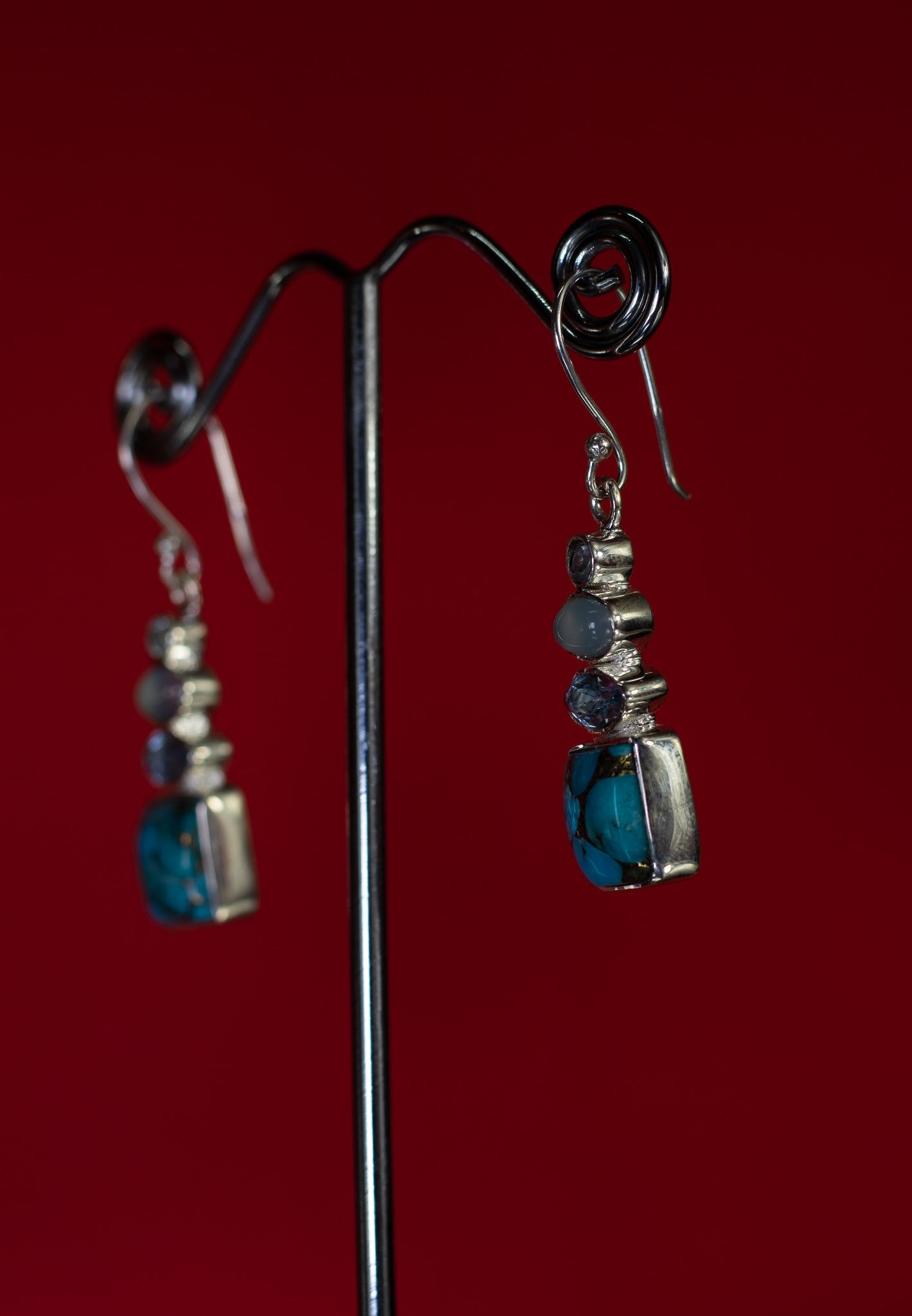 Copper Turquoise, Aquamarine, Topaz and Chalcedony Statement Earrings