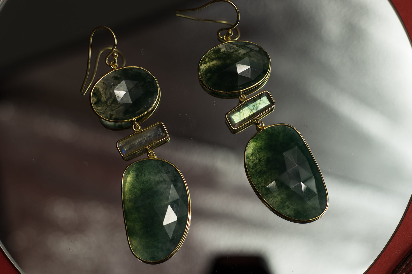 Green Moss Agate and Labradorite Statement Earrings