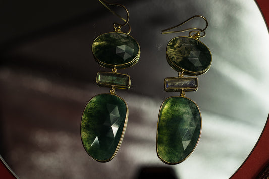 Green Moss Agate and Labradorite Statement Earrings