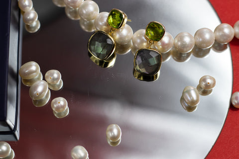 Labradorite and Peridot Square Earrings
