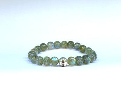 Blue Flash Labradorite bead bracelet, with Eastern Adornment branded silver bead.