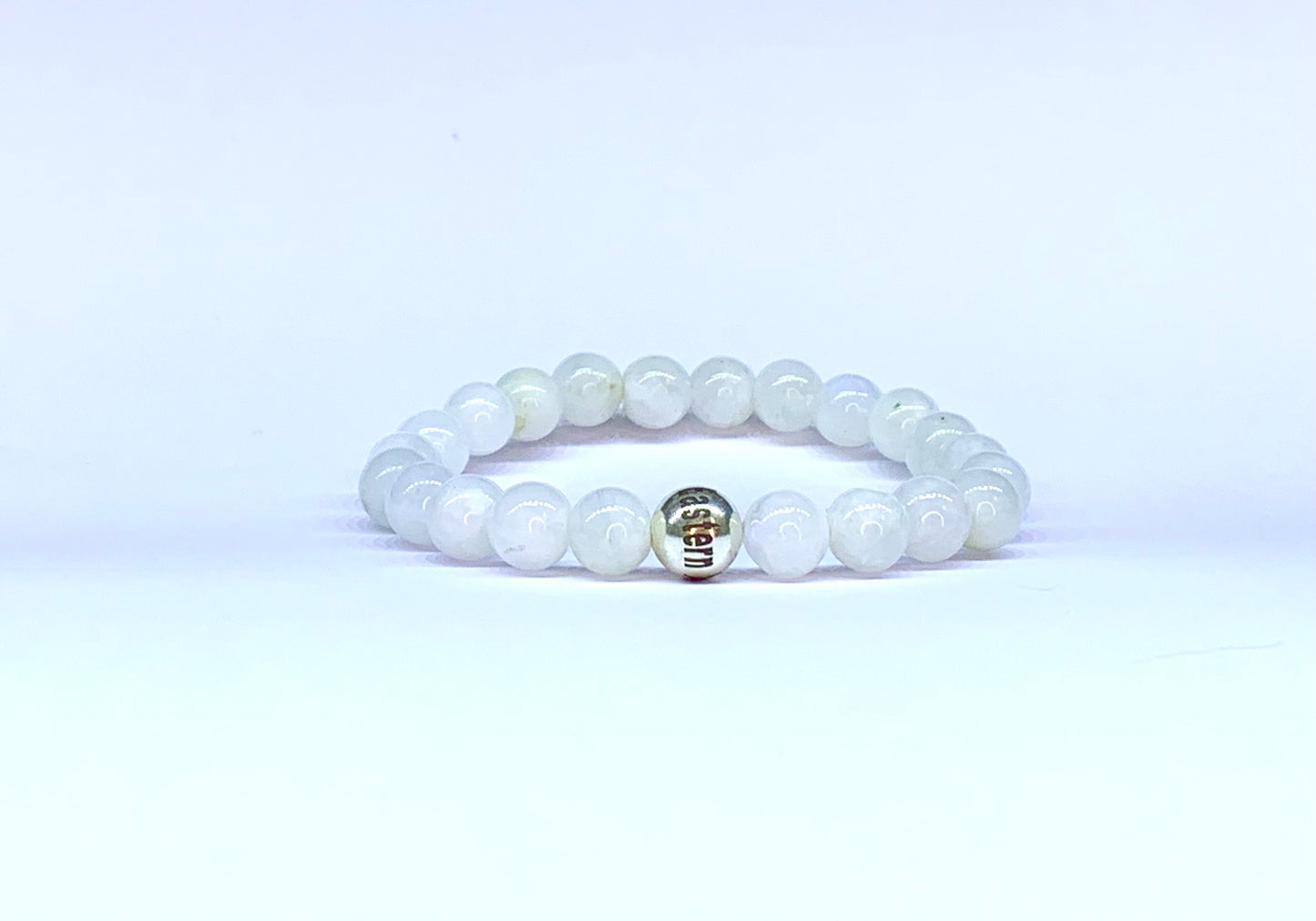 Rainbow Moonstone bead bracelet, with Eastern Adornment branded silver bead.