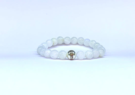 Rainbow Moonstone bead bracelet, with Eastern Adornment branded silver bead.