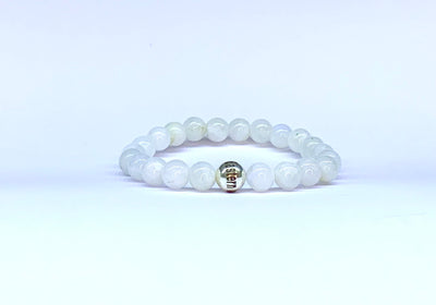 Rainbow Moonstone bead bracelet, with Eastern Adornment branded silver bead.