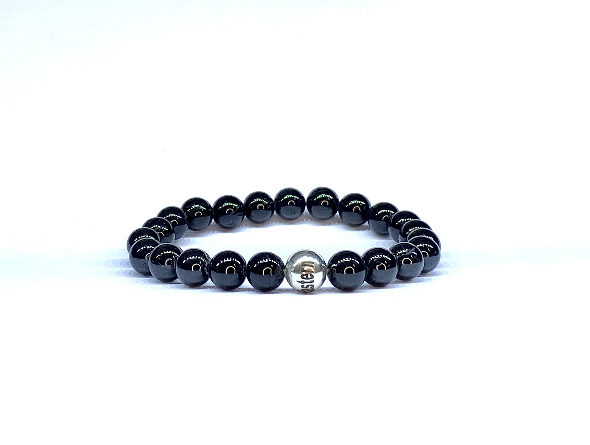 Black Tourmaline bead bracelet, with Eastern Adornment branded silver bead.