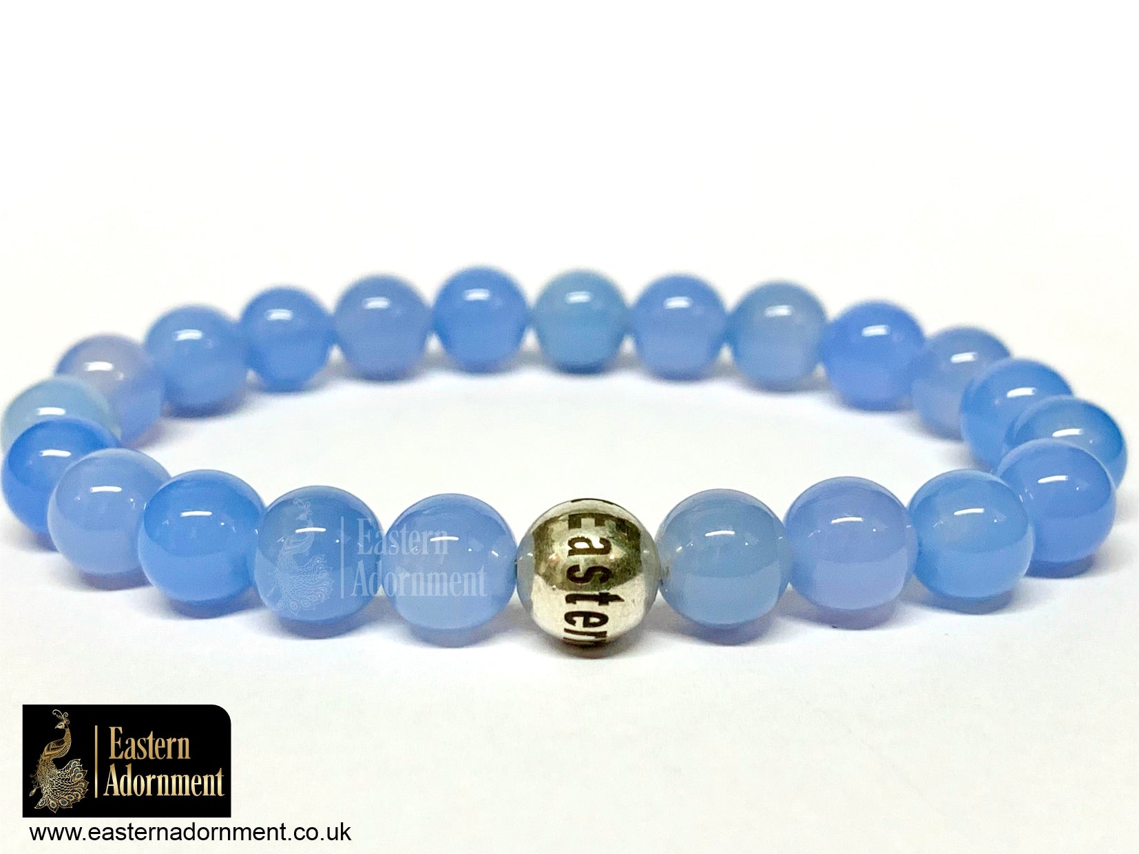 Blue Chalcedony bead bracelet, with Eastern Adornment branded silver bead.