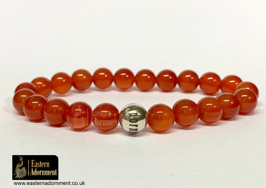 Orange Carnelian bead bracelet, with Eastern Adornment branded silver bead.