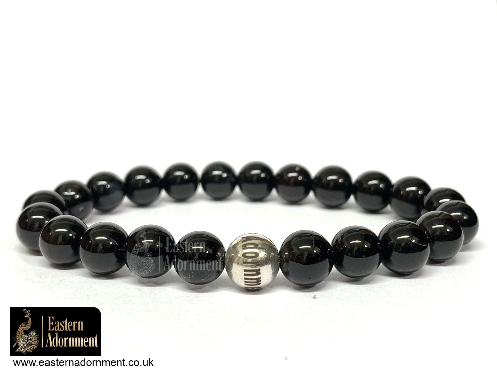 Black Onyx Bead Bracelet with Eastern Adornment branded silver bead.