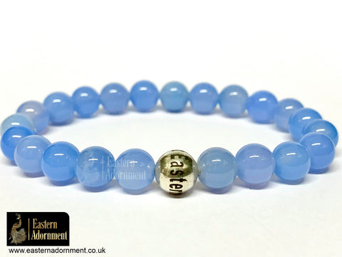 Blue Chalcedony bead bracelet, with Eastern Adornment branded silver bead.