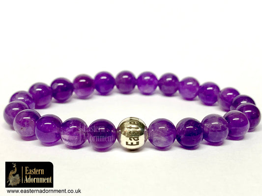 Purple Amethyst bead bracelet, with Eastern Adornment branded silver bead.