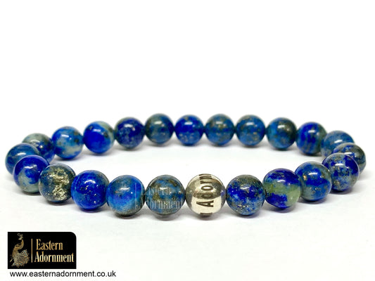Blue Lapis Lazuli bead bracelet, with Eastern Adornment branded silver bead.