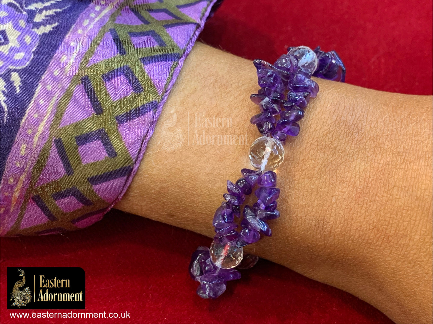 Amethyst Crystal Chip Bead Bracelet with Clear Quartz Beads