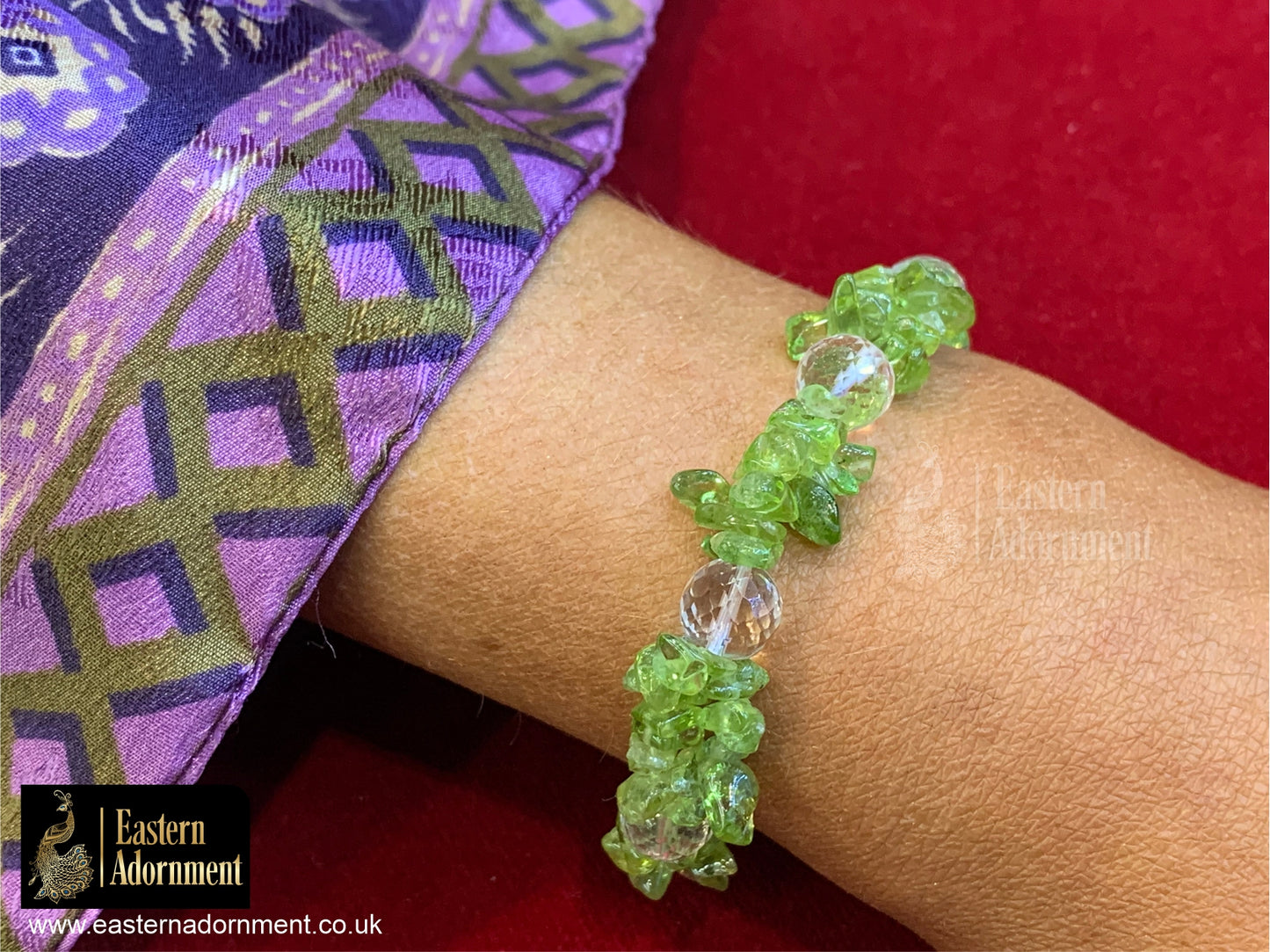 Peridot Crystal Chip Bracelet with Clear Quartz Beads